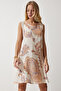 Women's Cream Peach Patterned Linen Viscose Mini Dress BH00343