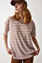 Women's Biscuit Crew Neck Striped Oversize Knitted T-Shirt EN00609 - 4