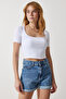 Women's White Square Collar Crop Knitted T-Shirt AN00170 - 3