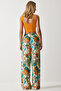 Women's Ecru Turquoise Patterned Flowing Viscose Palazzo Trousers EN00606 - 7