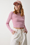 Women's Dried Rose Crew Neck Striped Crop Knitted Blouse CR00424 - 2