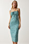Women's Water Green White Floral Slit Summer Knitted Dress CI00029 - 2