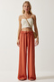 Women Regular Fit Plain Drawstring Wide Leg Pants, Brown - 2