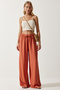 Women Regular Fit Plain Drawstring Wide Leg Pants, Brown - 3