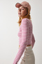 Women's Dried Rose Crew Neck Striped Crop Knitted Blouse CR00424 - 3