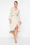 Beige Skirt with Ruffle Slit Detail Aerobin Fabric Midi Length Woven Skirt Twoss24Et00067 - 3