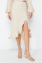 Beige Skirt with Ruffle Slit Detail Aerobin Fabric Midi Length Woven Skirt Twoss24Et00067 - 4