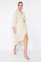 Beige Skirt with Ruffle Slit Detail Aerobin Fabric Midi Length Woven Skirt Twoss24Et00067