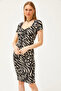 Women's Black Zebra Robe Gathered Crystal Viscose Dress ELB-19002061 - 3