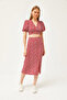 Women's Red Top Buttoned Blouse Bottom Slit Skirt Set TKM-19000263 - 3