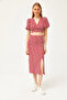 Women's Red Top Buttoned Blouse Bottom Slit Skirt Set TKM-19000263 - 2