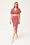 Women's Red Top Buttoned Blouse Bottom Slit Skirt Set TKM-19000263 - 4