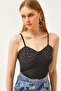 Women's Black Strap Stone Detailed Ottoman Crop Blouse BLZ-19002524 - 3