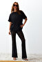 Siyah %100 Kalın Pamuklu Oversize/Geniş Kalıp Bisiklet Yaka Örme T-Shirt TWOSS23TS00040 - 3