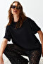 Siyah %100 Kalın Pamuklu Oversize/Geniş Kalıp Bisiklet Yaka Örme T-Shirt TWOSS23TS00040 - 6