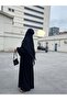 Team Hijab Black Modern Abaya Balloon Sleeve Ankle-Tied Loose Chiffon Souffle Shawl Ready-Made with Veil - 2