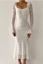 White Laced and Tulle Sleeves Design Smocked Square Neck Midi Dress 209 - 4
