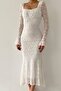 White Laced and Tulle Sleeves Design Smocked Square Neck Midi Dress 209