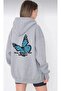Unisex Gray Butterfly Back Printed Thin Seasonal Hooded Oversize Cardigan - 2
