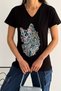 Women's Black V-Neck Cat Sequin Embroidered 100% Cotton T-Shirt - 3