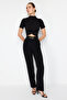 Black Stand Collar Short Sleeve Draped Crop Blouse Knitted Blouse TWOSS24BZ00422 - 3