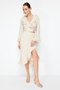 Beige Skirt with Ruffle Slit Detail Aerobin Fabric Midi Length Woven Skirt Twoss24Et00067 - 2