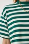 Women's Dark Green Crew Neck Striped Crop Knitted T-Shirt CR00427 - 5