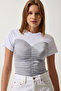 Women's White Gray Color Block Knitted Blouse KJ00005 - 3