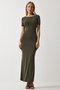 Women's Khaki Low-cut Long Sandy Knitted Dress DZ00115 - 2