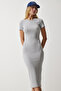 Women's Stone Crew Neck Wrap Ribbed Knitted Dress UB00241