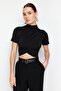Black Stand Collar Short Sleeve Draped Crop Blouse Knitted Blouse TWOSS24BZ00422