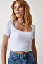Women's White Square Collar Crop Knitted T-Shirt AN00170