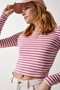 Women's Dried Rose Crew Neck Striped Crop Knitted Blouse CR00424 - 4