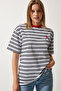 Women's White Crew Neck Striped Knitted T-Shirt CR00428 - 2