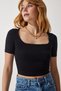 Women's Black Square Neck Crop Knitted T-Shirt AN00170
