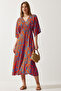Women's Orange Blue Wraped Collar Patterned Summer Viscose Dress DK00166 - 3