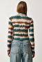 Women's Cream Dark Green Patterned Stand Collar Crop Knitted Blouse NJ00136 - 5