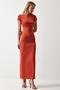 Women's Orange Crew Neck Saran Sandy Knitted Dress UB00239