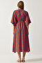 Women's Orange Blue Wraped Collar Patterned Summer Viscose Dress DK00166 - 5