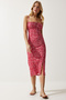 Women's Dark Pink White Floral Slit Summer Knitted Dress CI00029 - 2
