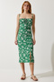 Women's Dark Green Floral Slit Summer Knitted Dress CI00029 - 4