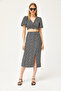 Women's Black Top Buttoned Blouse Bottom Slit Skirt Set TKM-19000263 - 2