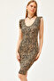 Women's Zebra Mink V-Neck Shoulder Ruffle Crystal Viscose Dress ELB-19002060 - 2