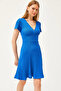 Women's Cobalt Blue Double Breasted Collar Short Sleeve Mini Flared Dress ELB-19002059