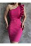 Women's One Shoulder Ruffle Detailed Mini Dress Fuchsia - 4