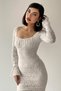 Women's Guipure and Tulle Design Gathered Square Collar White Midi Dress 209 - 6