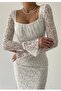 White Laced and Tulle Sleeves Design Smocked Square Neck Midi Dress 209 - 6