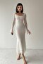 Women's Guipure and Tulle Designed Gathered Square Collar White Midi Evening Dress 209 - 8