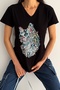 Women's Black V-Neck Cat Sequin Embroidered 100% Cotton T-Shirt
