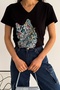 Women's Black V-Neck Cat Sequin Embroidered 100% Cotton T-Shirt - 4